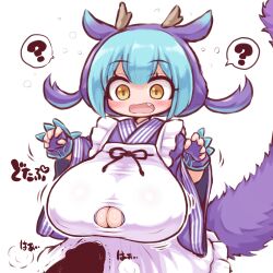 arekishi big_breasts blue_hair cleavage cleavage_window dragon_girl dragon_horns dragon_maid_archetype dragon_tail dragonmaid_series_(yu-gi-oh!) female huge_breasts imminent_paizuri kimono laundry_dragonmaid maid open_mouth penis question_mark shocked surprised yellow_eyes yu-gi-oh!