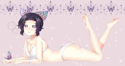 1ien barefoot bikini black_hair blush butterfly_hair_ornament choker cleavage dark_hair demon_slayer feet_up female female_only full_body kimetsu_no_yaiba kochou_shinobu looking_at_viewer medium_breasts on_stomach purple_eyes purple_hair smile solo swimsuit the_pose white_bikini