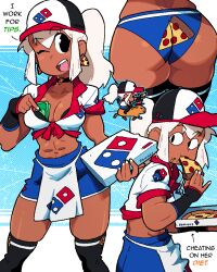 1girls abs apron ass baseball_cap black_bra black_eyes blue_panties blush bra breasts butt_crack capybara chibi choker cleavage crop_top domino's_pizza earrings eating english_text fingerless_gloves food from_behind gloves hat looking_at_viewer mia_(scott_malin) multiple_poses muscular muscular_female original painted_nails panties pizza ponytail print_panties scott_malin shorts skindentation standing tagme text thighhighs thighs white_hair wink