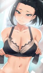 background big_breasts black_hair blurry_background blush bra light-skinned_female lingerie looking_at_viewer momo_yaoyorozu my_hero_academia removing_clothing steam zd_(pixiv6210083) zx623723