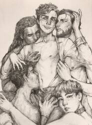 beard collar drool drooling gay imminent_orgy imminent_sex kissing kissing_belly kissing_stomach licking_lips long_hair lullindo male male_only monochrome multiple_boys pencil_(artwork) tagme yaoi