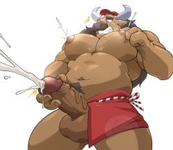 absurd_res anthro anthrofied balls bara big_pecs bodily_fluids brown_body brown_fur brown_hair cum ejaculation fur genital_fluids genitals hair hi_res horn lactating maldu male male_lactation masturbation muscular muscular_anthro muscular_male navel nintendo nipple_fetish nipple_pinch nipple_play nipples pecs penile penile_masturbation penis pinch pokémon_(species) pokemon pokemon_(species) simple_background solo tauros teeth video_games white_background