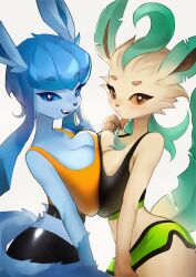 2girls anthro big_breasts black_sports_bra blue_body blue_ears blue_eyes blue_eyes_female blue_fur blue_hair blue_skin blue_tail breast_squish breasts_pressed_together brown_eyes eeveelution eyebrows_visible_through_hair fang female glaceon green_ears green_shorts green_tail large_breasts large_ears leaf_hair leaf_tail leafeon light_blue_skin looking_at_viewer momikacha nintendo orange_bra orange_sports_bra pokemon pokemon_(species) pressed_together pressing_breasts_together short_shorts slight_blush slim_waist snout sports_bra tagme tan_fur white_background wide_hips yellow_body yellow_fur yellow_skin