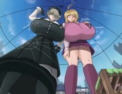 2girls akamatsu_kaede breast_expansion danganronpa danganronpa_v3 giantess growth huge_ass huge_breasts huge_butt magnaprospekt smooth_skin thick_thighs toujou_kirumi upskirt