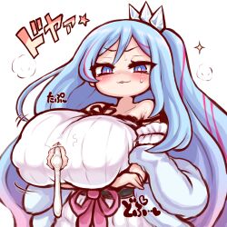 after_paizuri arekishi arms_crossed arms_crossed_under_breasts big_breasts blue_eyes blue_hair blush cleavage cum cum_between_breasts female hair_ornament huge_breasts long_hair nipple_bulge pubes smug smug_face sweatdrop witchcrafter_madame_verre yu-gi-oh!