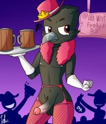 anthro avian bar beer beer_mug brawl_stars crow crow_(brawl_stars) crowd english_text femboy hat holding holding_object lechugansfw male male_only penis pink_hat sign text waiter