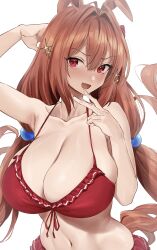 absurdres animal_ears bangs bare_shoulders bikini blush breasts brown_hair cleavage collarbone commentary_request daiwa_scarlet_(umamusume) female female hair_intakes highres horse_ears horse_girl horse_tail hotate-chan large_breasts long_hair looking_at_viewer navel open_mouth red_bikini red_eyes smile solo swimsuit tail twintails umamusume very_long_hair