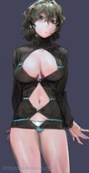 artist_name bangs black_eyes black_hair black_sweater blue_panties breasts cleavage cleavage_cutout closed_mouth clothing_cutout cowboy_shot curly_hair eyebrows_behind_hair female female_focus grey_background hair_between_eyes head_tilt large_breasts looking_at_viewer looking_down navel navel_cutout no_bra no_pants nose odonata open_hands panties pantyshot shiny shiny_clothes shiny_hair shiny_skin short_hair sidelocks simple_background solo standing sweater thighs turtleneck turtleneck_sweater underwear watermark web_address