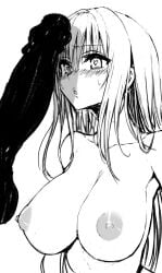 1girls breasts censored curvaceous female fuchitoro kotegawa_yui large_breasts long_hair male monochrome nipples nude partial_male penis penis_awe solo_focus to_love-ru