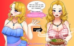 1girls apron apron_only attitude_adjustment before_and_after big_breasts blonde_hair blue_nails blush brainwashing cleavage color earrings empty_eyes femsub food haley_(stardew_valley) huge_breasts hypnosis jewelry long_hair looking_at_viewer mind_control necklace personality_change porniky stardew_valley stepford_wife stepfordization text wife