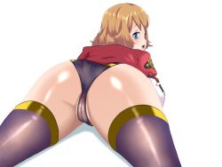 1girls ass_focus blonde blue_eyes blushing cameltoe cosplay female_focus jacket looking_back pokemon pokemon_ranger pokemon_xy pussy serena_(pokemon) short_hair smile solana_(pokemon) solana_(pokemon)_(cosplay) thighhighs white_background