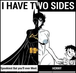 1boy 1girls areolae asian asian_female batgirl batgirl_(cassandra_cain) batman_(series) black_and_white black_hair breasts cape cassandra_cain commissioner_upload conner_kent coombrain15 costume dc dc_comics horny_female kon-el large_breasts mask meme messy_hair naked nipples no_sex pinup pussy scar scars sole_female superboy superman_(series) wink