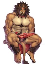 1boy abs accessory anthro bangs barong_(tokyo_afterschool_summoners) beard blue_eyes body_hair bulge casual_exposure chest_hair clothed clothing collar digit_ring eyebrows facial_hair felid furgonomics hi_res jacketbear jewelry leg_tuft lifewonders lion male male_only mammal mane markings muscular muscular_arms muscular_male nipples no_underwear pantherine paws pecs perineum pubes ring sarong sideburns sitting sitting_on_tail solo spread_legs spreading tail_accessory tail_jewelry tail_ring thick_eyebrows toe_ring tokyo_afterschool_summoners tuft video_games