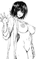 1girls breasts curvaceous female fuchitoro labcoat large_breasts looking_at_viewer mikado_ryouko monochrome naked_coat nipples nude short_hair solo to_love-ru