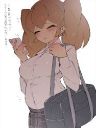 blush brown_hair closed_eyes early_pregnancy female female_only fully_clothed nervous_smile original pregnant ramoni school_uniform schoolgirl smile solo sweatdrop twintails