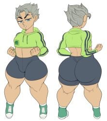 1boy ass big_ass big_butt blue_eyes bulge_through_clothing cropped_hoodie detnox diamond_is_unbreakable femboy girly jojo's_bizarre_adventure koichi_hirose male male_only short_shorts solo thick_thighs trap white_hair