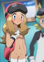 2girls blonde_hair blue_eyes blurry_background blush_stickers blushing casual_nudity cfnf citron_(pokemon) clemont edit embarrassed embarrassed_nude_female exhibitionism fatfuckingweeb flight_suit frown functionally_nude functionally_nude_female furrowed_brow gloves honey_blonde_hair no_bra no_panties pokemon pokemon_xy pokemon_xy_(anime) public_nudity pussy serena_(pokemon) shaved_pussy thighhighs underboob