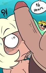 1boy 2girls admiring big_penis blonde_hair dialogue freckles horny horny_female jackie_lynn_thomas light-skinned_female marco_diaz naked naked_female nude nude_female nude_female_clothed_male partial_male penis penis_awe penis_on_face penis_out platinum_blonde_hair shocked star_butterfly star_vs_the_forces_of_evil tan-skinned_female tan-skinned_male uncut xierra099