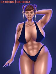 alternate_version_available blue_background blue_bikini blue_panties brown_eyebrows brown_eyes brown_hair brown_lipstick capcom chinese chun-li cowboy_shot female female_only fighter hair_ornament hair_ribbon hand_behind_head huge_breasts looking_at_viewer muscular muscular_female osheeda pale-skinned_female short_hair simple_background solo street_fighter thick_body thick_thighs widescreen