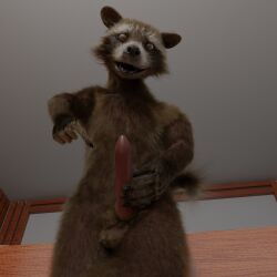 anthro balls blender_(software) brown_body brown_eyes brown_fur fur genitals gesture guardians_of_the_galaxy hi_res holding_penis male male_only mammal marvel penis pointing procyonid raccoon rocket_raccoon smile solo standing tawzy