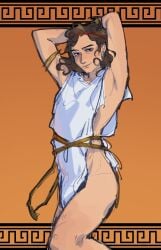 1boy ancient_greece armband armpits arms_behind_head arms_up body_hair bottomless brown_hair curly_hair earrings femboy gay headband lullindo male male_only nationbeingthing solo