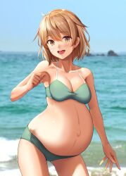 3rd_party_edit bandaid bandaid_on_face bare_arms bare_legs bare_shoulders bikini blush breasts brown_eyes cleavage collarbone cowboy_shot day eyebrows_visible_through_hair female green_bikini hair_between_eyes highres ichikawa_feesu kantai_collection light_brown_hair looking_at_viewer medium_breasts navel oboro_(kantai_collection) ocean open_mouth pregnant short_hair smile solo swimsuit teeth upper_teeth