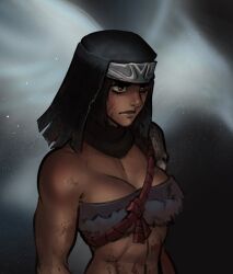 1girls 2020s 2022 abs black_hair brown_eyes cleavage dark-skinned_female elden_ring female female_only fromsoftware fur_trim headband headwear muscular muscular_female nepheli_loux solo the_stormhawk_king triceps upper_body