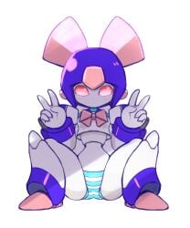 blue_panties blue_striped_panties brass brass_(medarot) medabots medarot mouthless peace_sign pink_eyes robot robot_girl robot_humanoid slim_waist t-t/u2 t_t_u2 white_background white_body