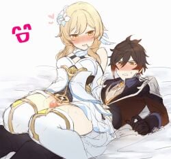 1boy 1boy1girl 1girls bangs bed_sheet black_gloves black_hair black_pants blonde_hair blur_censor boots breasts breath brown_hair censored coat cowgirl_position dress female femdom flower genshin_impact gloves hair_between_eyes hair_flower hair_ornament heart lumine_(genshin_impact) lying male multicolored_hair on_back orange_eyes pants parted_lips penis sbs simple_background sitting straight sweat thigh_boots thigh_sex thighhighs white_background white_dress white_flower white_footwear zhongli_(genshin_impact)