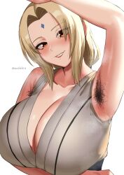 1girls 2022 alternate_version_available armpit_fetish armpit_hair armpits arms_up artist_signature blonde_hair blush breasts brown_eyes cleavage clothed clothed_female female female_only forehead_mark hairy_armpits hi_res huge_breasts kirinkirin long_hair looking_at_viewer mature_female milf naruto naruto_shippuden naughty_face sexy_armpits simple_background smile solo suggestive_look sweat sweaty_armpits sweaty_body tsunade