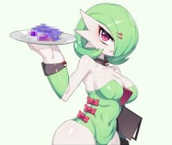 1girls 2022 absurd_res anthro armpits bare_shoulders bob_cut bow breasts bunnysuit censored censored_food cleavage clothing collar covered_navel drunkoak female female_only gardevoir gardevoir_dad_(drunkoak) green_hair hair_over_one_eye highres holding_notebook holding_plate large_breasts leotard looking_at_viewer nintendo notebook oc plate pokémon_(species) pokemon pokemon_(species) pokemon_rse red_eyes ribbon short_hair simple_background skindentation solo standing strapless strapless_leotard teeth white_background white_body wide_hips wrist_cuffs