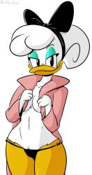 1girls 2019 anthro arms_up beak bikini black_bow black_clothing black_eyes black_panties bow breasts cleavage clothed_female clothing daisy_duck davidsanchan disney disney_channel duck ducktales ducktales_(2017) eyes eyeshadow female female_only green_eyeshadow happy headgear looking_at_viewer makeup open_clothes open_eyes open_shirt panties pink_clothing signature simple_background smile soft_feathers solo standing underwear white_background white_feathers