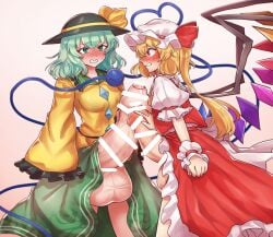 2futas balls blonde_hair blush breasts censored clothed clothed_futanari clothing dress duo erection flandre_scarlet futa_only futanari green_eyes green_hair ham121ham hamham_121 hat huge_cock human koishi_komeiji light-skinned_futanari light_skin mostly_clothed partially_retracted_foreskin penis red_eyes short_hair standing third_eye touhou uncut vampire wings