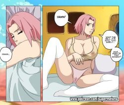 1girls bed big_breasts comic female female_only imminent_sex lingerie naruto naruto_(series) naruto_shippuden panties patreon pussy sakura_haruno solo super_melons transparent_clothing wake_up