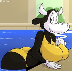 2019 anthro anthro_only ass black_eyes black_fur bovine breasts clarabelle_cow davidsanchan disney female female_only furry gloves horns one-piece_swimsuit pool poolside swimsuit thick_thighs thighs white_skin