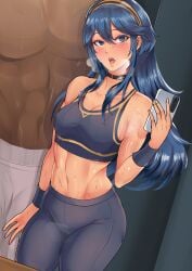 1boy 1girls after_fellatio after_oral after_sex bare_midriff bare_shoulders blue_eyes blue_hair breasts caress caressing_penis choker cleavage collarbone female fire_emblem fire_emblem_awakening groping hair_between_eyes hair_in_mouth heavy_breathing long_hair looking_at_viewer lucina_(fire_emblem) male medium_breasts midriff muscular muscular_male nintendo open_mouth pants penis penis_grab pubic_hair_in_mouth pussy pussy_juice pussy_juice_stain revolverwingstudios selfie shoulders steaming_body steamy_pussy stray_pubic_hair sweat sweaty symbol-shaped_pupils tank_top tiara tight_clothing toned toned_female wet_pussy yoga_pants