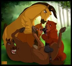 animal_genitalia animal_penis anus balls bisexual blush brother_bear brown_body brown_fur crossover disney dreamworks equid equine equine_penis erection fellatio female feral feral_on_feral foursome fur genitals group group_sex hi_res hooves horse interspecies kenai klaus_doberman licking lying male male/female male/male mammal nita_(brother_bear) on_back open_mouth oral penile penis penis_lick sex spirit:_stallion_of_the_cimarron spirit_(cimarron) teeth tongue tongue_out ursid