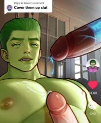 3boys beast_boy boner cover_them_up_slut cyborg_(dc) dc dc_comics dick_grayson erect_penis erection garfield_logan gay green_hair green_skin hard_on kappibara male male_only melanin muscles muscular muscular_male nude precum precum_drip precum_on_chest robin_(dc) robin_(dick_grayson) superhero teen_titans tiktok tiktok_overlay victor_stone yaoi