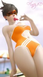 1girls 3d beach belly blizzard_entertainment brown_eyes brown_hair cameltoe female female_only fluffy3d goggles ice_cream licking lifeguard_tracer lollipop looking_at_viewer one-piece_swimsuit orange-tinted_eyewear overwatch popsicle short_hair solo swimsuit thick_thighs tinted_eyewear tracer visor