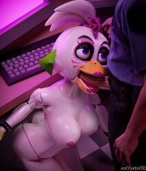 1boy1girl 1girls 3d 3d_(artwork) animatronic anthro big_breasts blender blender_(software) blowjob breasts cg female female_focus five_nights_at_freddy's five_nights_at_freddy's:_security_breach furry glamrock_chica_(fnaf) large_breasts looking_at_another looking_up oral oral_penetration oral_sex partial_male robot robot_girl straight stripes xzcrystal3d