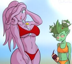 2019 2girls 3_eyes awesomenauts ayla_(awesomenauts) bikini blue_eyes breast_envy chocolate_milk cleavage coco_nebulon davidsanchan drink female frowning green_hair green_skin lipstick pink_eyes pink_lipstick purple_hair purple_skin tentacle_hair wide_hips