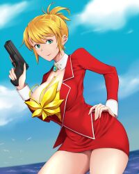 1girls 2020 agent_aika aika_sumeragi aqua_eyes bangs big_breasts bird birds blonde_hair blue_eyes blue_sky blue_water breasts brooch brown_hair bustier cleavage clouds cloudy_sky collar cowboy_shot curvaceous curvy day daytime detached_collar earrings eyebrows_visible_through_hair female female_focus gun hand_on_hip hi_res high_resolution highres holding holding_gun holding_object holding_pistol holding_weapon hourglass_figure huge_breasts human jacket jewelry large_breasts light-skinned_female light_brown_hair light_skin lipstick looking_at_viewer makeup microdress minidress ocean ocean_background outdoors pistol ponytail posing posing_with_weapon red_jacket red_microdress red_minidress red_skirt semiautomatic shimesaba7572 short_hair single_female single_girl skirt sky smile smiling_at_viewer solo solo_female thick_thighs trigger_discipline voluptuous weapon wide_hips