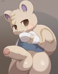 animal_crossing anthro balls beverage big_balls big_penis biped blue_clothing blush bottomless clothed clothing container cup curled_tail erection fisuku foreskin fur genitals head_tuft hi_res holding_cup holding_object humanoid_genitalia humanoid_penis male mammal marshal_(animal_crossing) nintendo penis rodent sciurid solo standing tree_squirrel tuft video_games white_body white_clothing white_fur