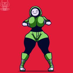 1girls 2022 big_breasts bodysuit boots breasts clothed clothing dream_smp dreamwastaken ech0chamber female fingerless_gloves gloves large_breasts mask mask_on_head mcyt pale_skin red_background rule_63 shorts sweater watermark youtube youtuber