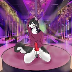 anthro balls black_body black_fur dancing fur genitals horn knot male nightclub penis pole pole_dancing rhode_(artist) rivey_ravenheart smile smirk solo white_body white_fur