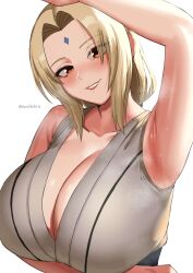 1girls 2022 alternate_version_available armpit_fetish armpits arms_up artist_signature blonde_hair blush breasts brown_eyes cleavage clothed clothed_female female female_only forehead_jewel forehead_mark fully_clothed hi_res huge_breasts kirinkirin long_hair looking_at_viewer mature_female naruto naruto_(series) naruto_shippuden naughty_face simple_background smile solo suggestive_look sweat sweaty_armpits sweaty_body tsunade