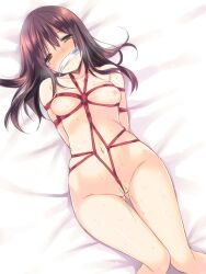 bondage bound breasts brown_hair female female_pubic_hair gag hakuouki_shinsengumi_kitan long_hair looking_at_viewer lying nipples nude on_back pubic_hair pussy_juice sora_mamex sweat yellow_eyes yukimura_chizuru