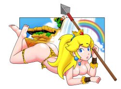 1girls ass big_ass big_breasts blonde_hair blue_eyes breast_press breasts bubble_butt busty dat_ass feet female female_only jaguar_print large_breasts legs looking_at_viewer lying mario_(series) nintendo on_stomach parted_lips ponytail pose princess princess_peach rainbow sensual solo the_pose thick_thighs thighs thong topless weapon whplefct