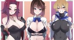 3girls akiza_izinski alexis_rhodes anzu_mazaki bare_shoulders big_breasts black_bra black_sleeves blonde_hair blue_eyes blush brown_eyes brown_hair busty choker cleavage female izayoi_aki large_breasts long_hair long_sleeves looking_at_viewer mazaki_anzu medium_hair multiple_girls naughty_face navel necklace nipples nipples_visible_through_clothing one-piece_swimsuit open_clothes open_jacket open_mouth open_shirt red_choker red_hair school_uniform schoolgirl sensual sleeves_past_elbows smiling tea_gardner tenjouin_asuka torakami14 uncensored underwear undressing yellow_eyes yu-gi-oh! yu-gi-oh!_5d's yu-gi-oh!_duel_monsters yu-gi-oh!_gx