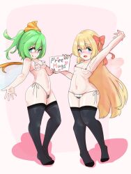 2girls :q arban arm_up bangs bikini black_bikini black_legwear blonde_hair blue_eyes blush bow breasts closed_mouth contrapposto daiyousei english_text eyebrows_visible_through_hair fairy_wings female free_hugs full_body green_eyes green_hair hairbow highres holding lily_white long_hair looking_at_viewer micro_bikini multiple_girls navel nipples open_mouth pink_background red_bow short_hair side_ponytail small_breasts smile standing swimsuit thighhighs tongue tongue_out touhou white_wings wings